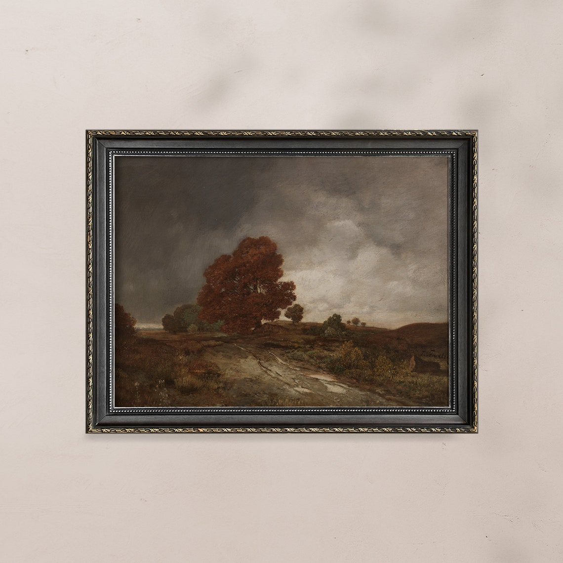 Moody Autumn Forest Path With Red Maple Dark Cloudy Sky Poster - Image 7