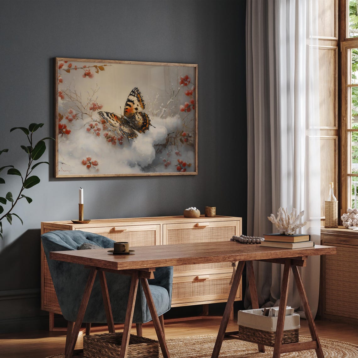 Painted Lady Butterfly on Snowy Red Berry Branches Winter Poster - Image 3