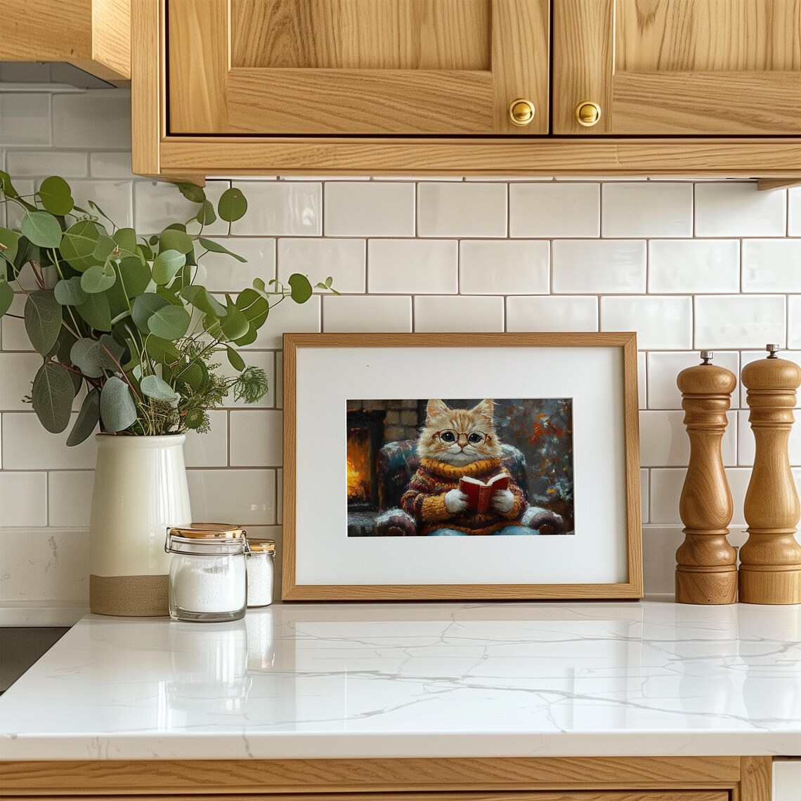 Cute Kitten Reading Book Poster Cozy Winter Fireplace Cat Art - Image 2