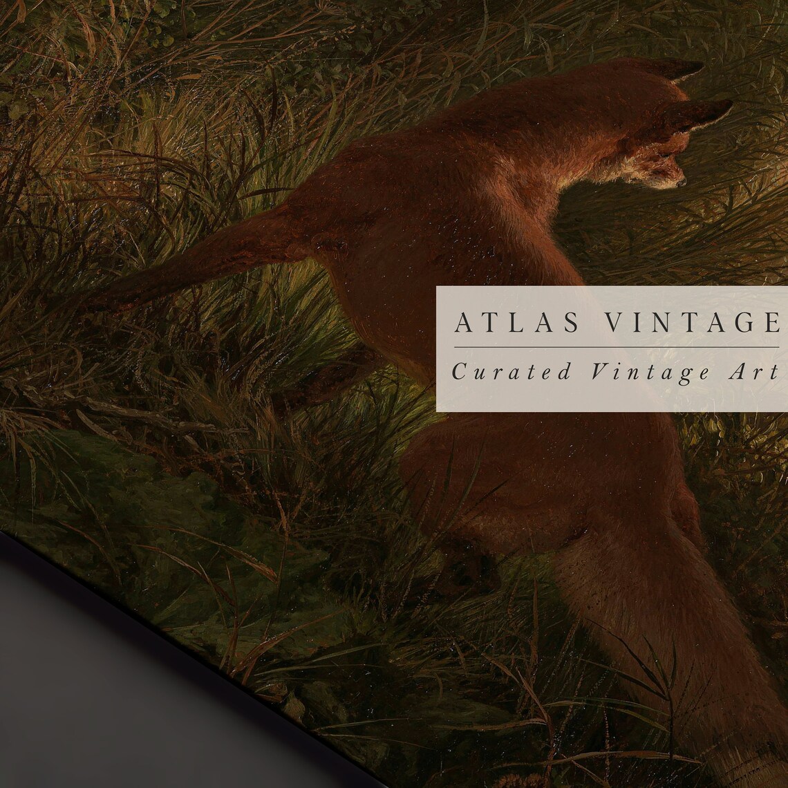 Red Fox Pouncing Through Tall Grass At Dusk Moody Woodland Oil Poster - Image 3