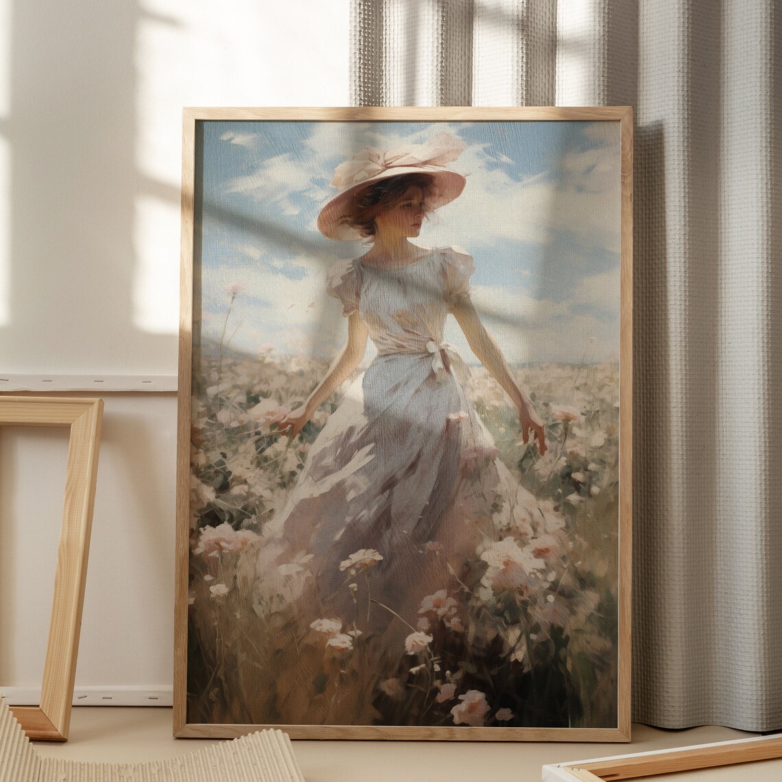 Woman in White Dress and Pink Hat Walking Flower Field Poster - Image 6