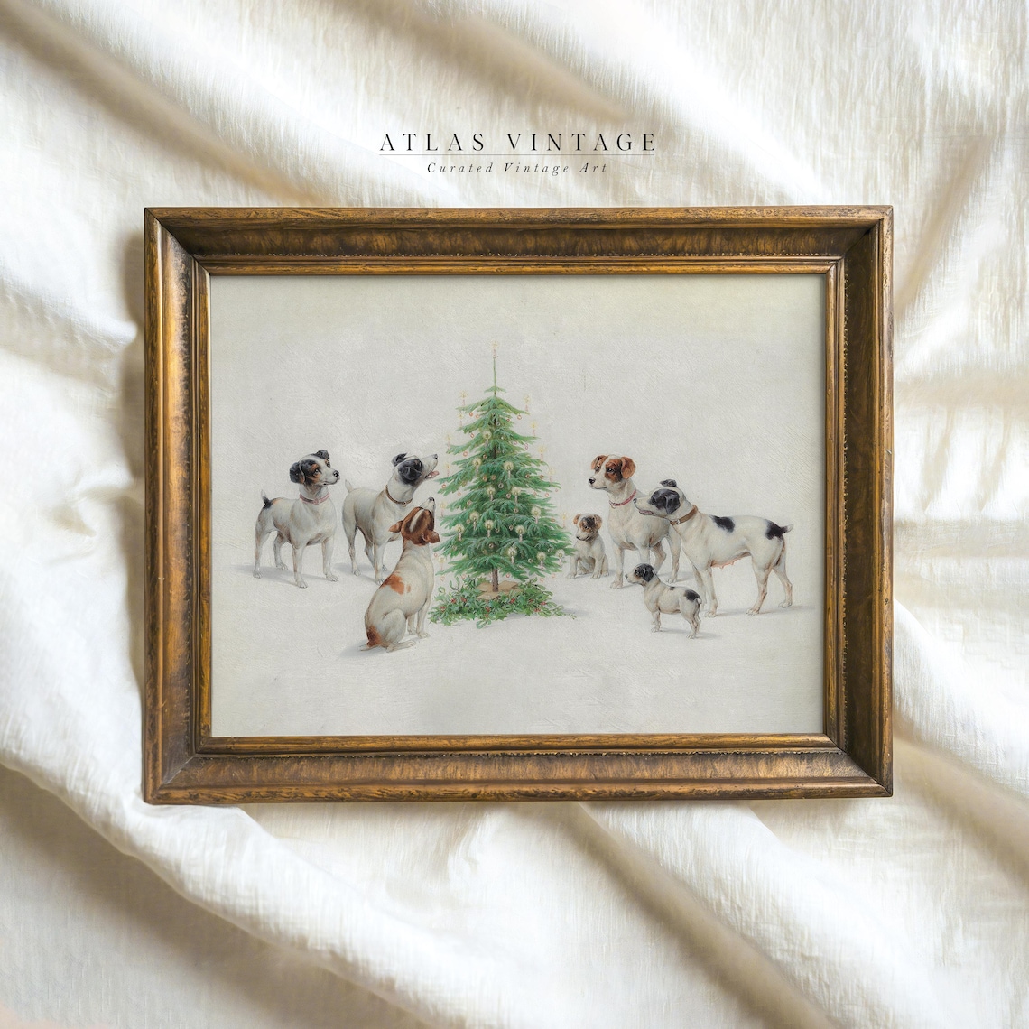 Antique Terrier Dogs Around Christmas Tree Vintage Holiday Dog Poster
