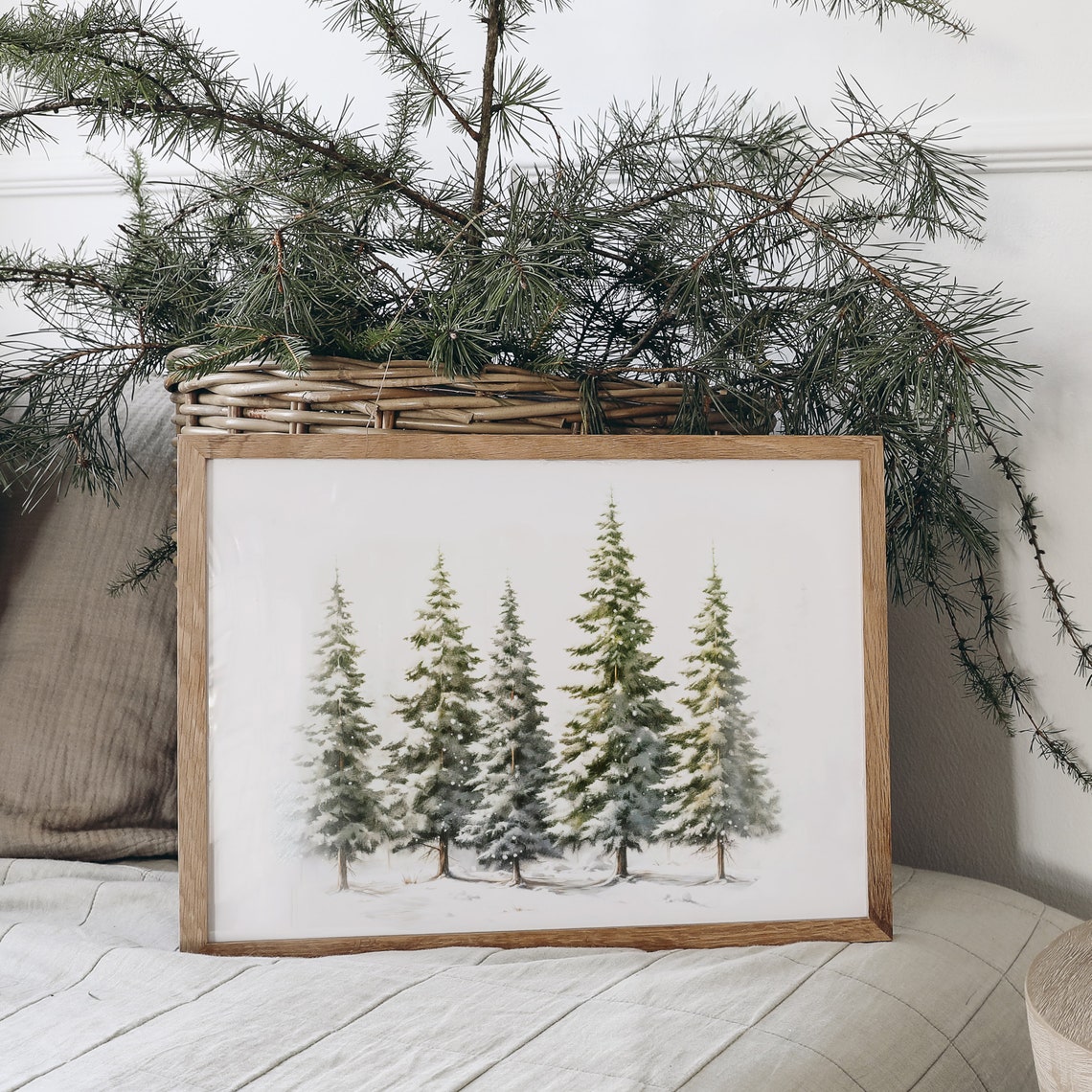 Five Snowy Pine Trees Minimalist Winter Forest Watercolor Poster - Image 7