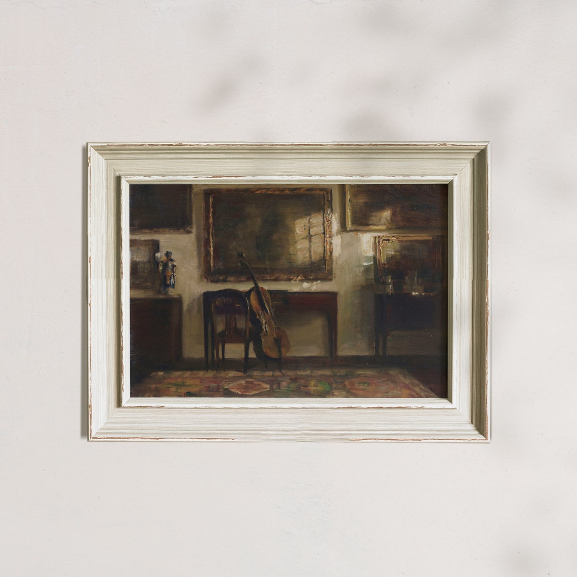 Moody Interior with Cello by Window Dark Vintage Painting Poster - Image 7