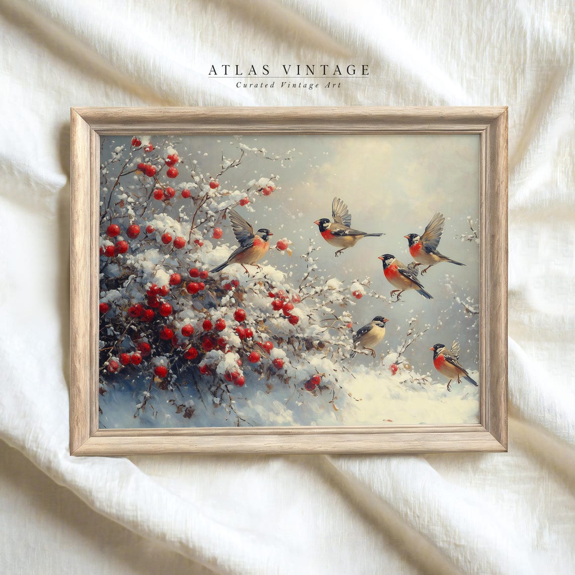 Songbirds Among Snowy Red Berries Winter Bird Scene Art Poster - Image 5