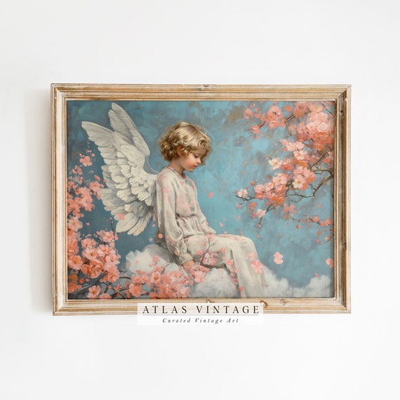 Floral Cupid Valentines Day Print Cupid Love Angel Painting Moody Romantic Wall Art Pink Blue Farmhouse Dcor