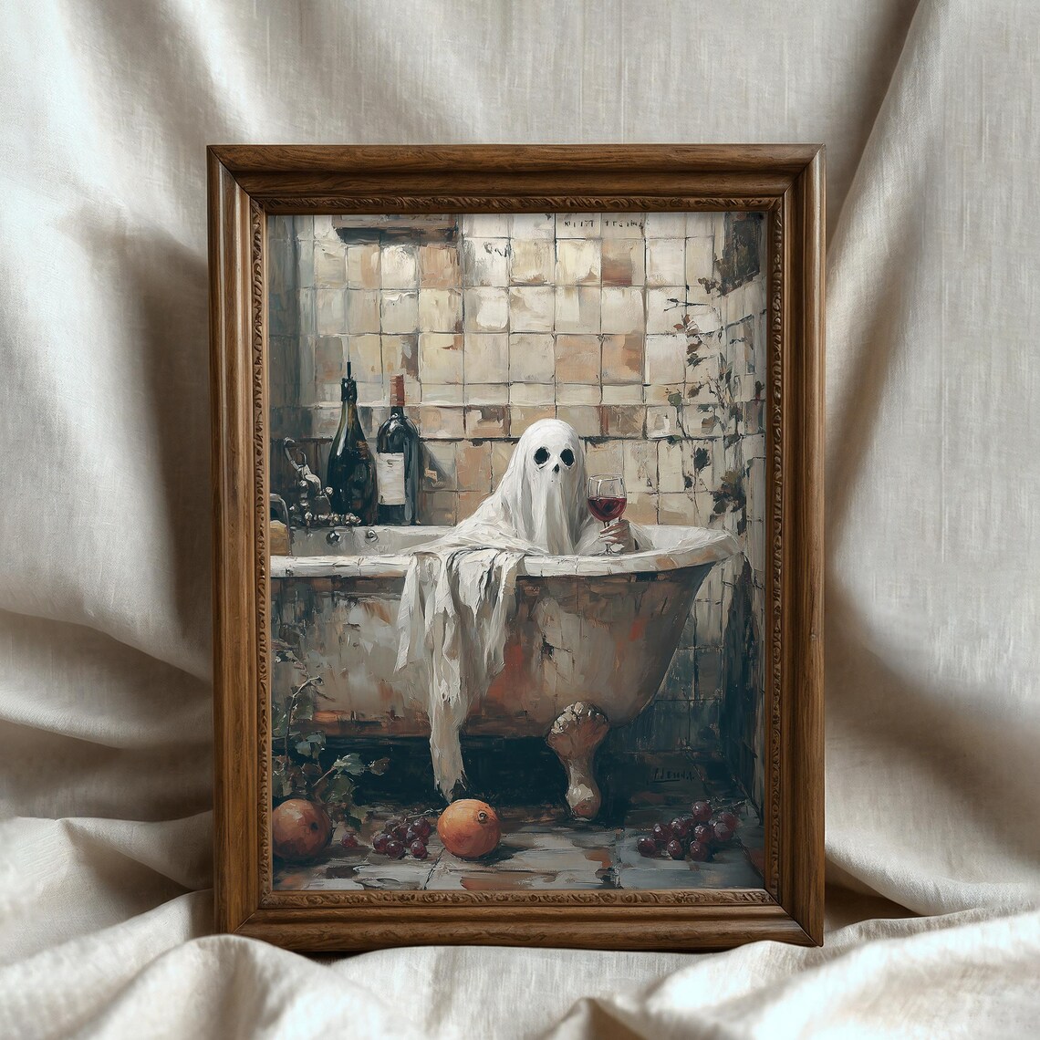 Cute Ghost in Bathtub With Wine Glass Funny Halloween Vintage Poster - Image 2