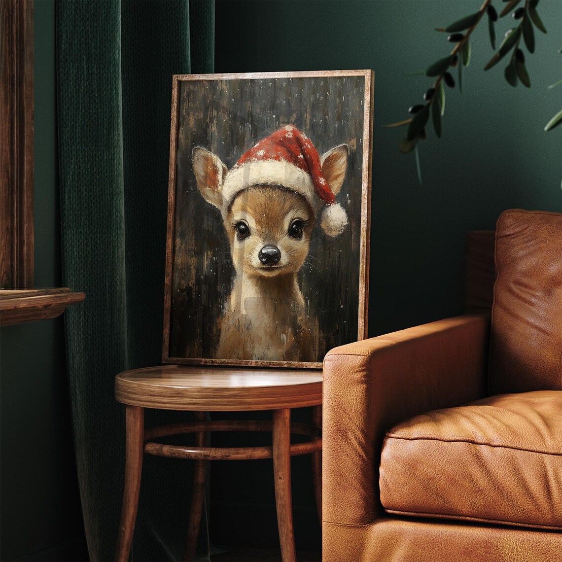 Cute Baby Deer in Santa Hat Vintage Christmas Fawn Painting Poster - Image 5