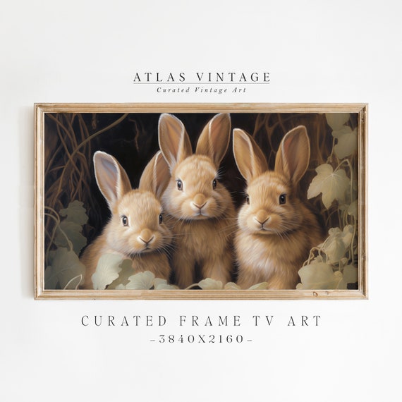 Vintage Easter Bunnies Frame Tv Art Antique Spring Rabbit Frame Tv Moody Rustic Country Farmhouse Dcor Neutral Bunny Painting