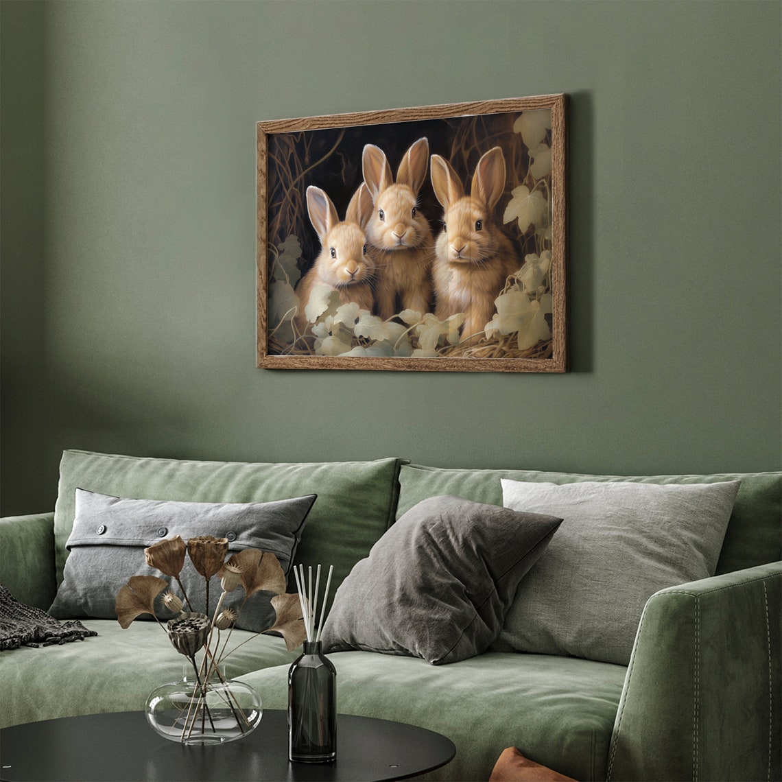 Three Tan Bunnies Vines Vintage Easter Rabbit Painting Art Poster - Image 3