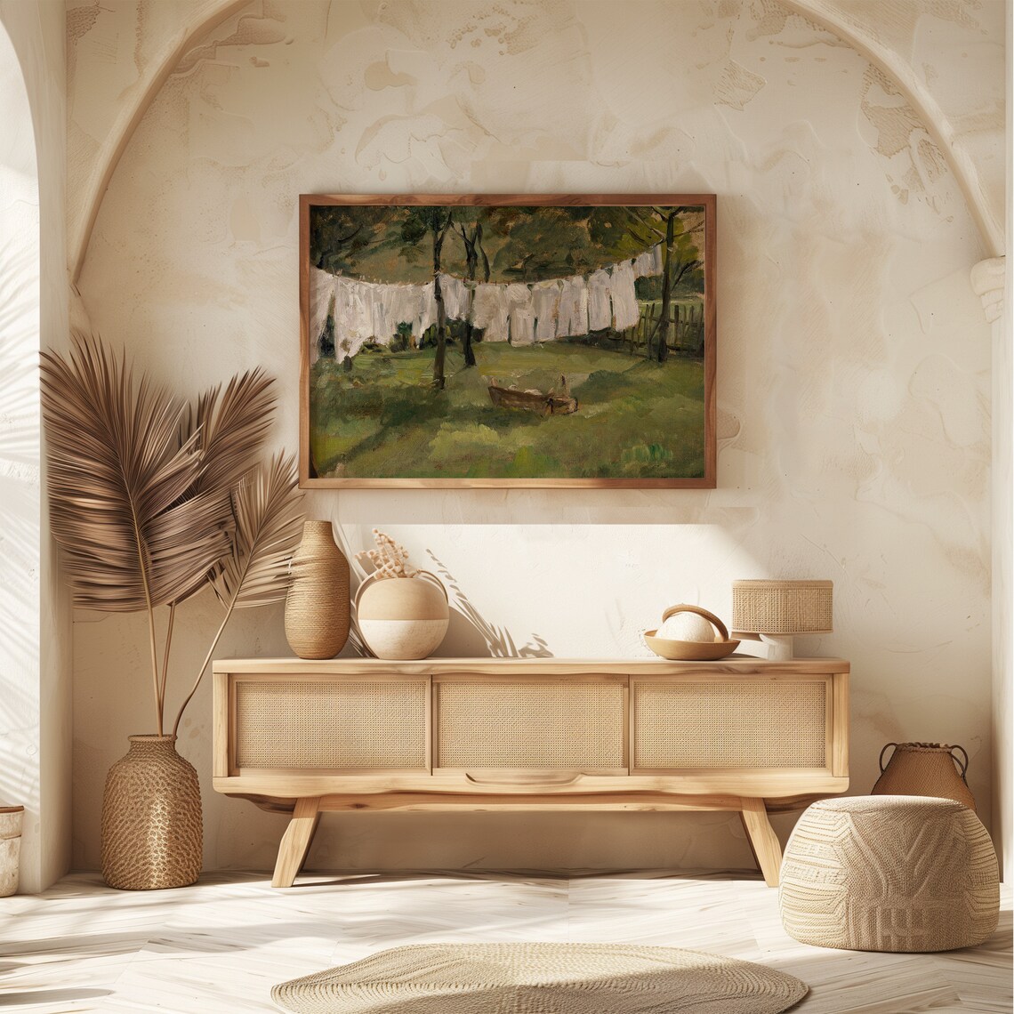 Sunlit Laundry Lines White Sheets On Green Farmyard Cottage Wall Poster - Image 4