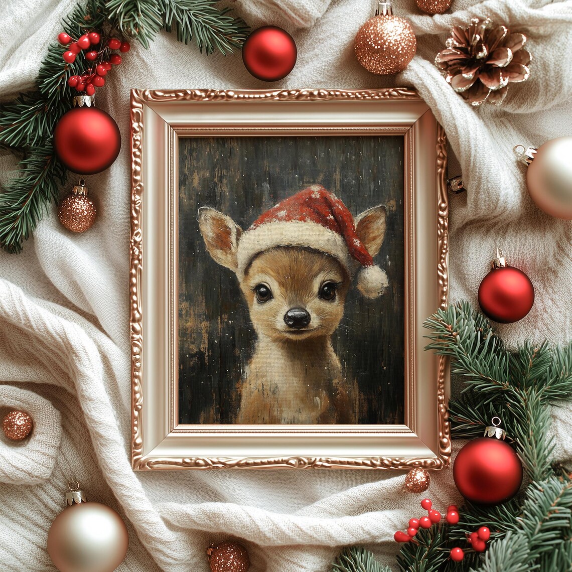 Cute Baby Deer in Santa Hat Vintage Christmas Fawn Painting Poster - Image 7