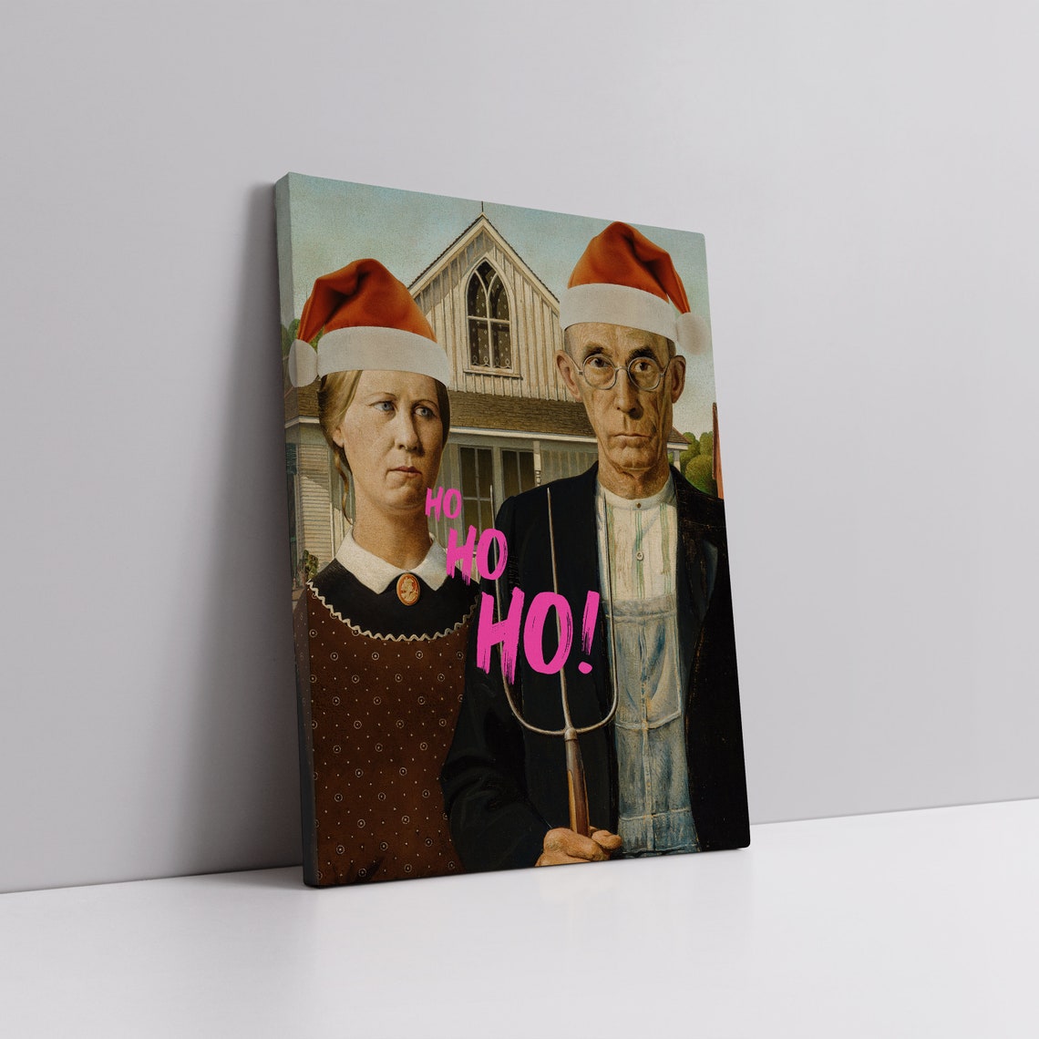 American Gothic Santa Hats Funny Altered Christmas Art Poster - Image 4