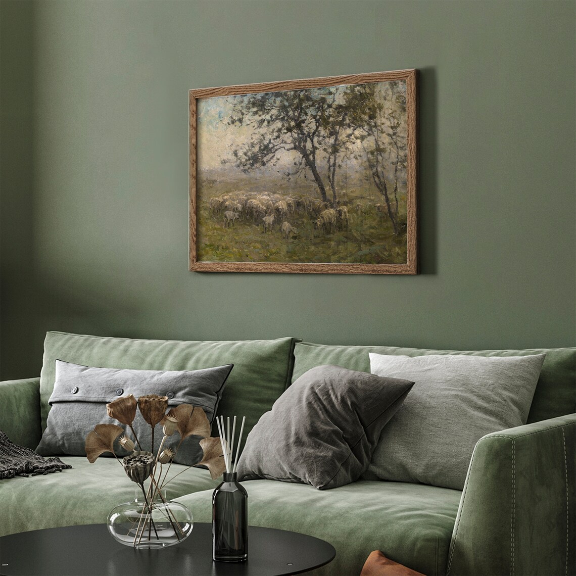 Sheep Flock Grazing Under Trees Misty Pastoral Painting Frame TV Wall Art - Image 4