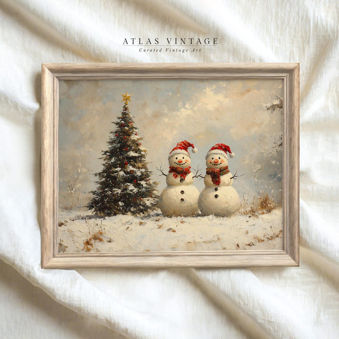 Two Snowmen With Santa Hats Beside a Snowy Christmas Tree Poster - Image 5
