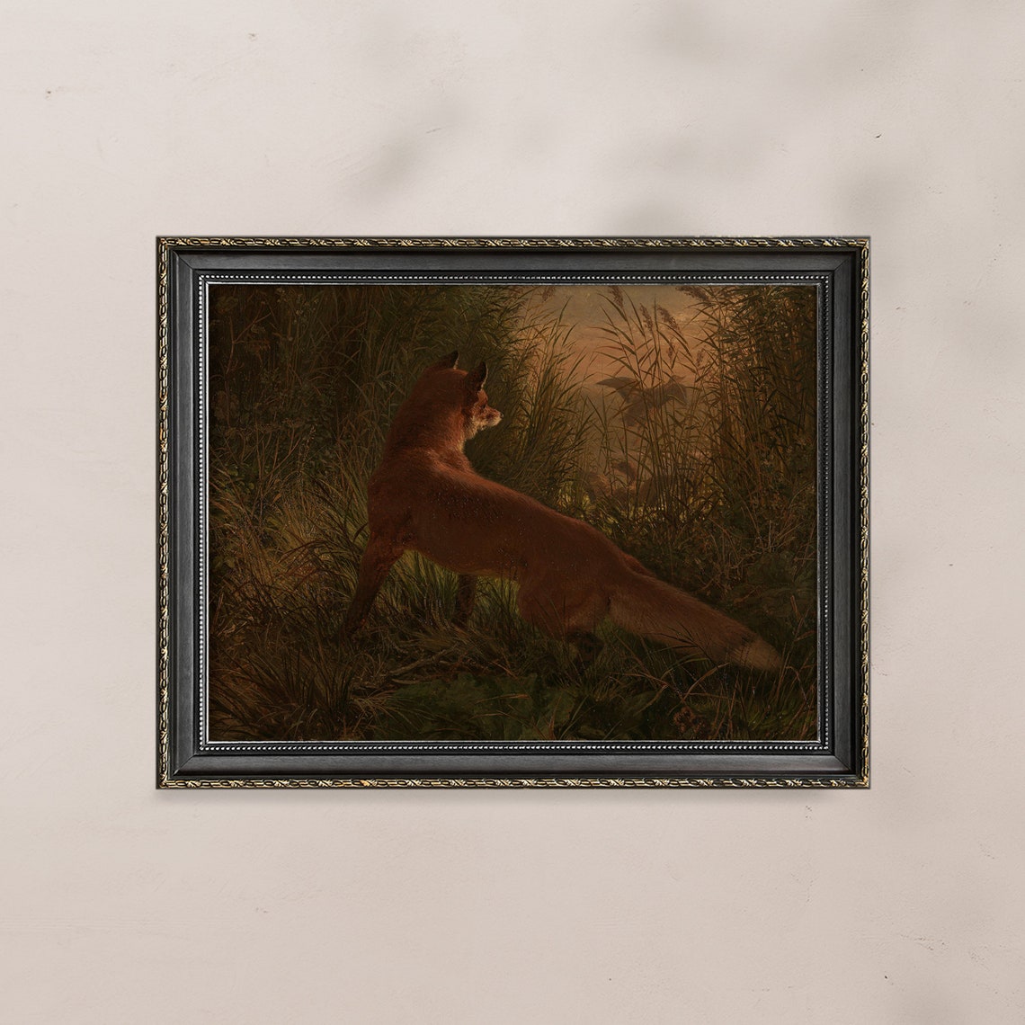 Red Fox Pouncing Through Tall Grass At Dusk Moody Woodland Oil Poster - Image 5