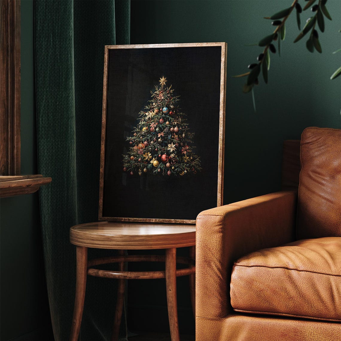 Dark Christmas Tree With Ornaments on Black Holiday Art Poster - Image 6