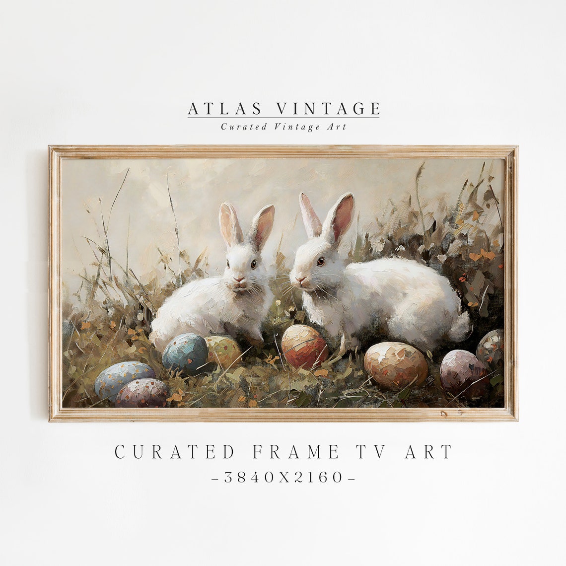 Two White Easter Bunnies Painted Eggs Vintage Rabbit Spring Poster