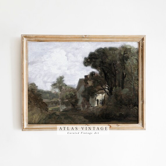 Cottage in the Trees Vintage Summer Landscape Painting Cottagecore Print