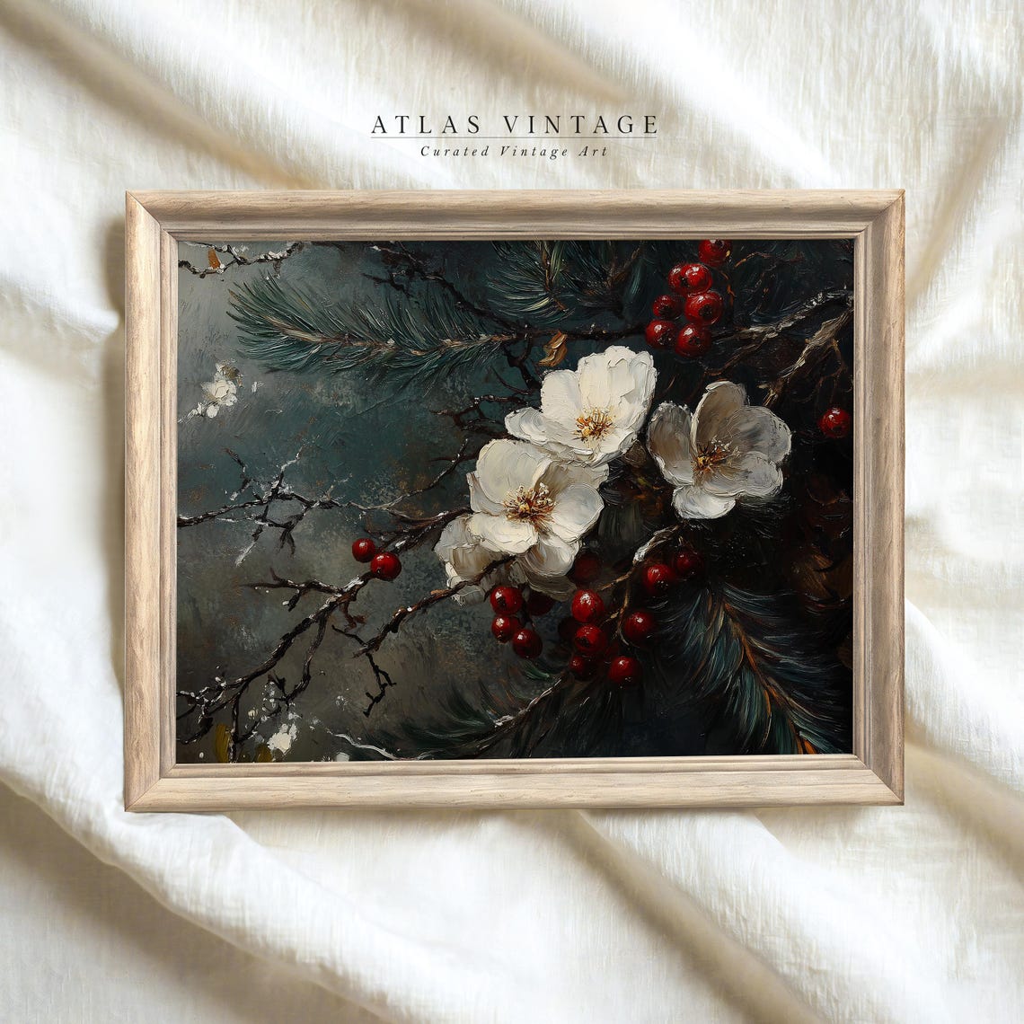 White Winter Blossoms With Red Berries On Dark Pine Boughs Poster - Image 2