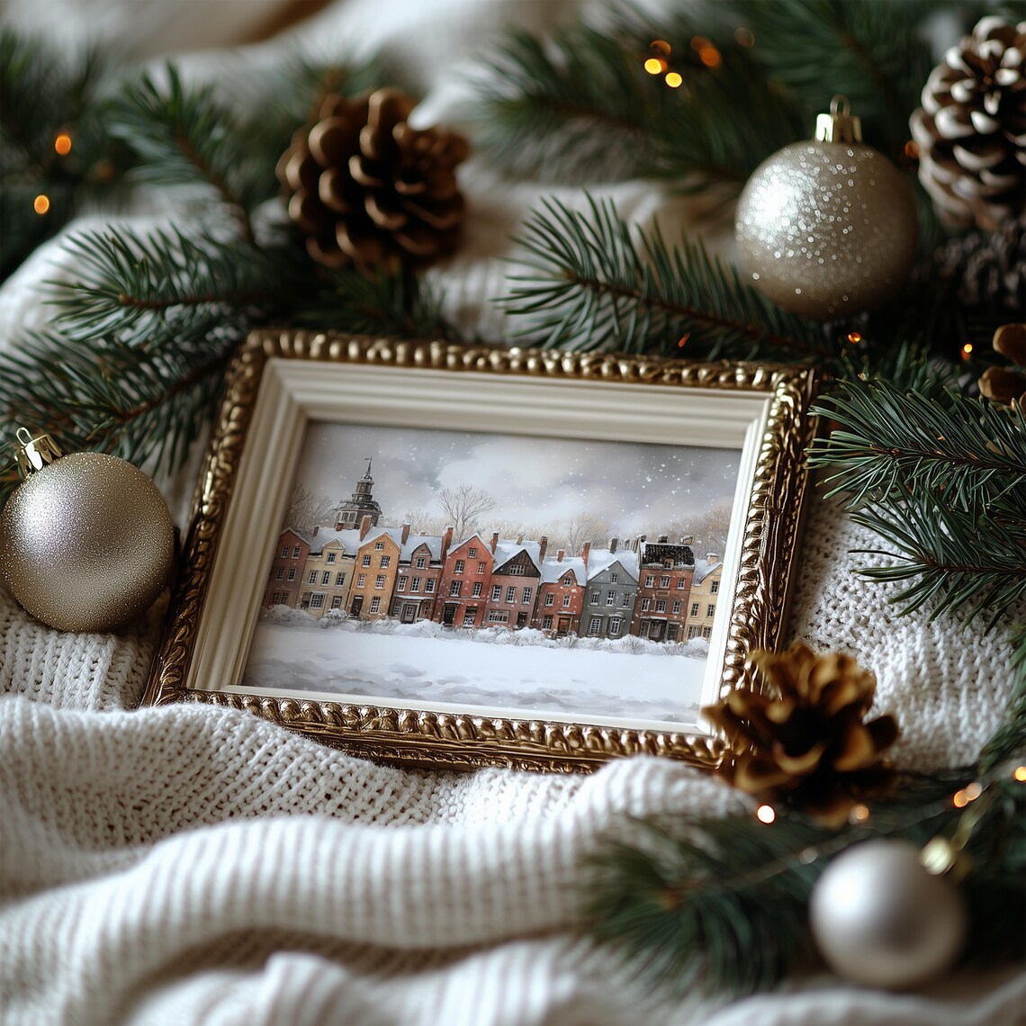Snowy Brick Townhouse Row Church Steeple Winter Village Street Poster - Image 2