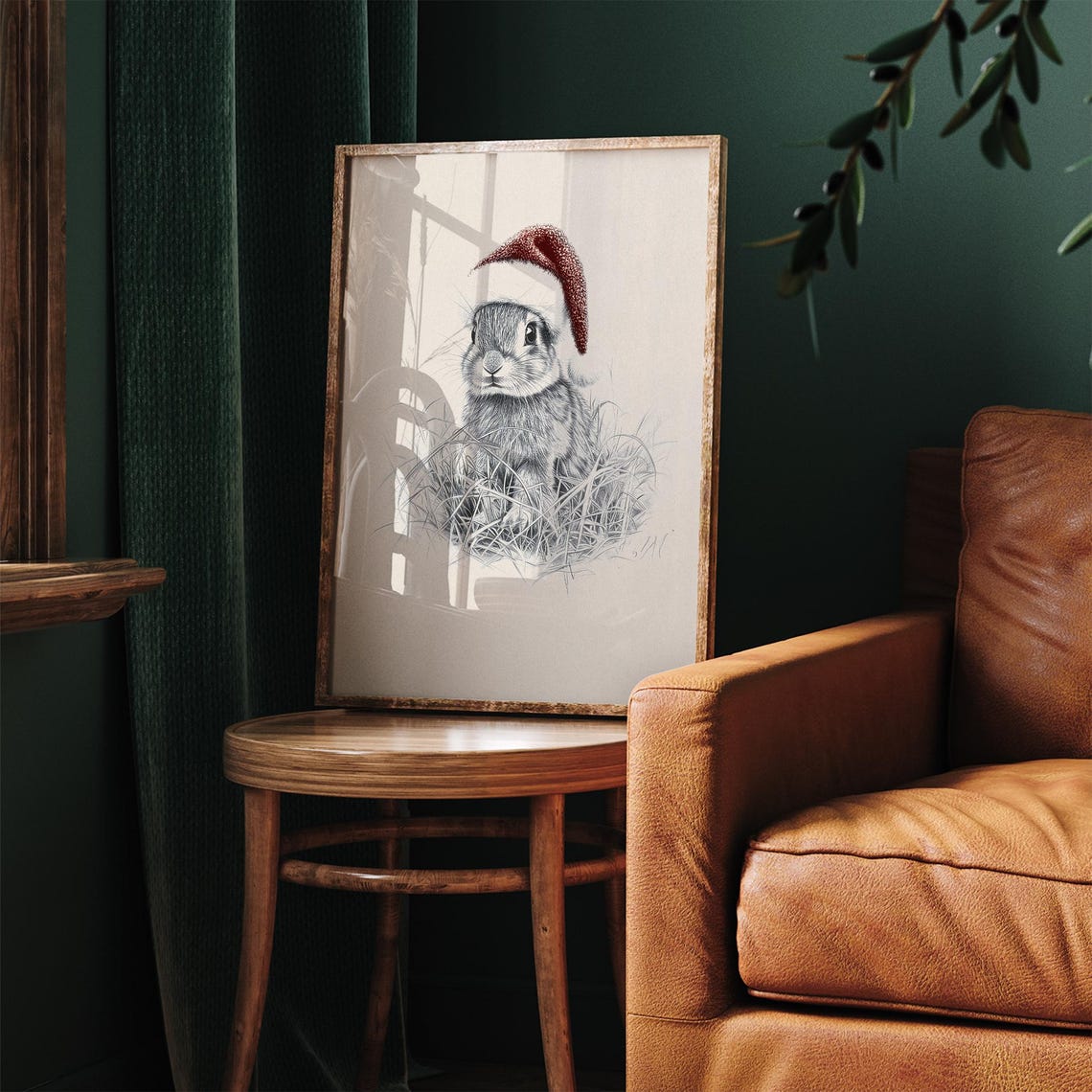 Baby Rabbit Santa Hat Sketch Christmas Vintage Animal Drawing Poster - Image 6