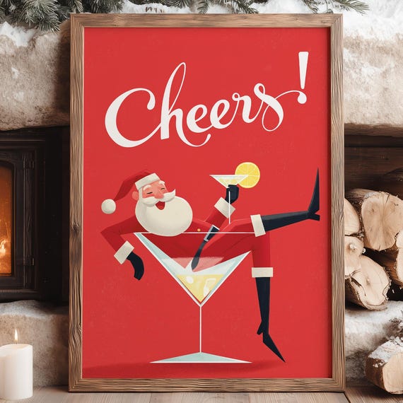 Retro Santa Cheers Wall Art Fun Christmas Cocktail Print Mid Century Modern Holiday Decor Festive Red Party Illustration