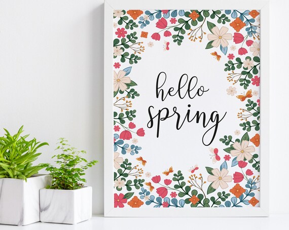Hello Spring Floral Border Script Botanical Seasonal Art Poster