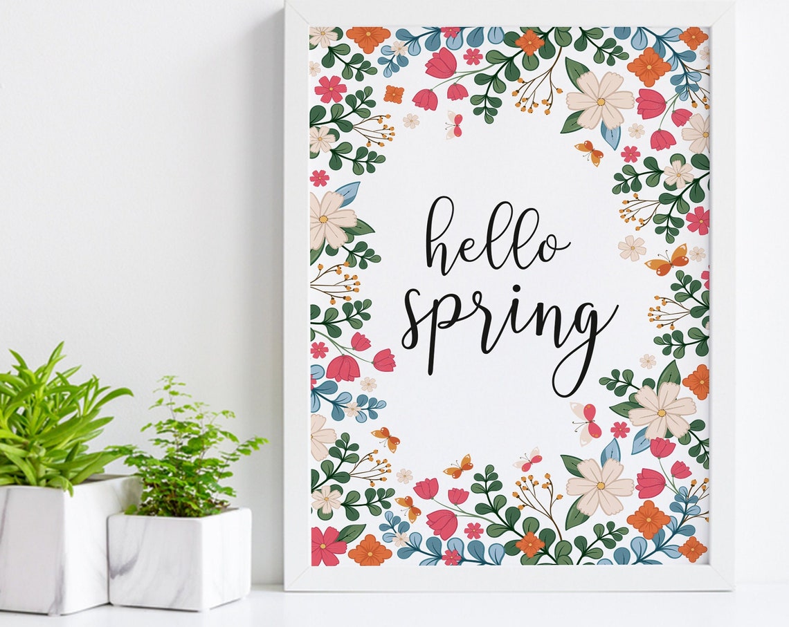 Hello Spring Floral Border Script Botanical Seasonal Art Poster