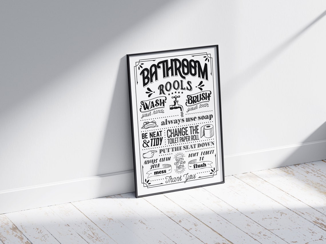 Bathroom Rools Funny Rules Sign Black And White Typography Poster - Image 3