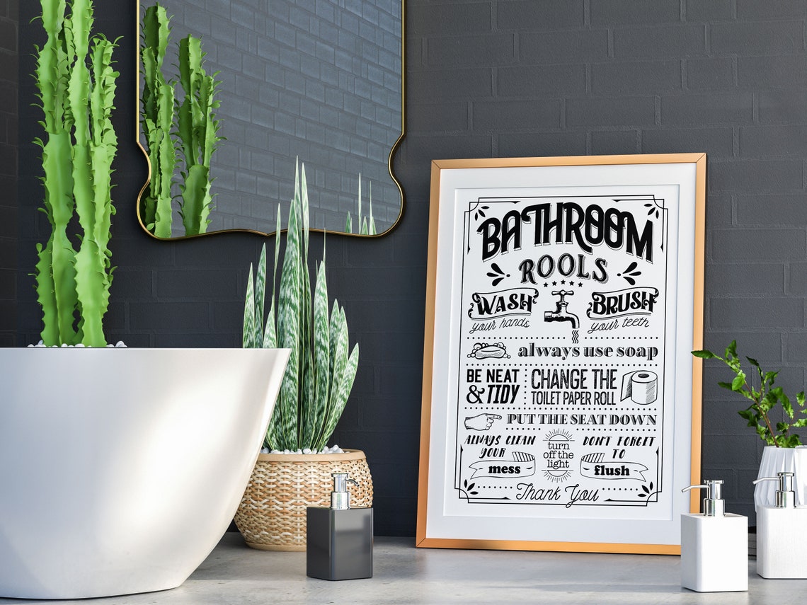 Bathroom Rools Funny Rules Sign Black And White Typography Poster - Image 7