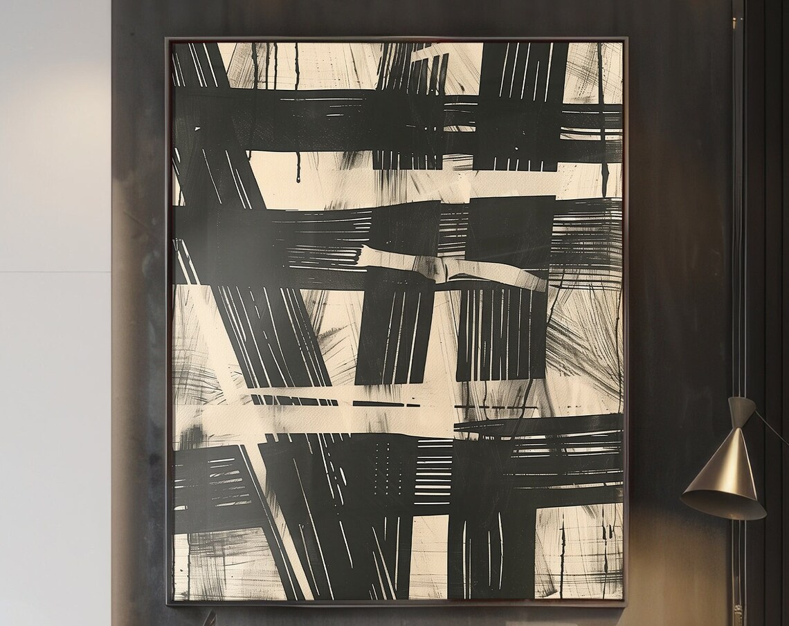 Black Cream Abstract Brushstroke Blocks Modern Minimalist Art Poster