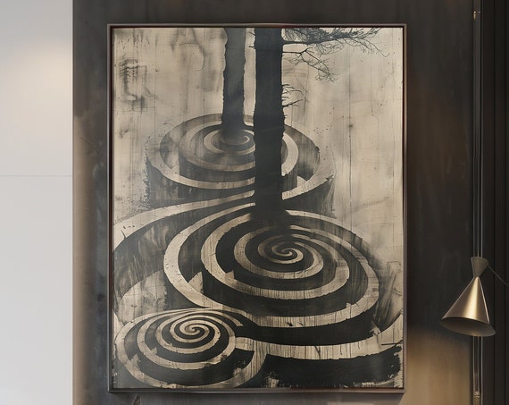 Dark Surrealist Tree Painting Wall Art Abstract Spiral Shape Poster Vintage Monochrome Nature Themed Print