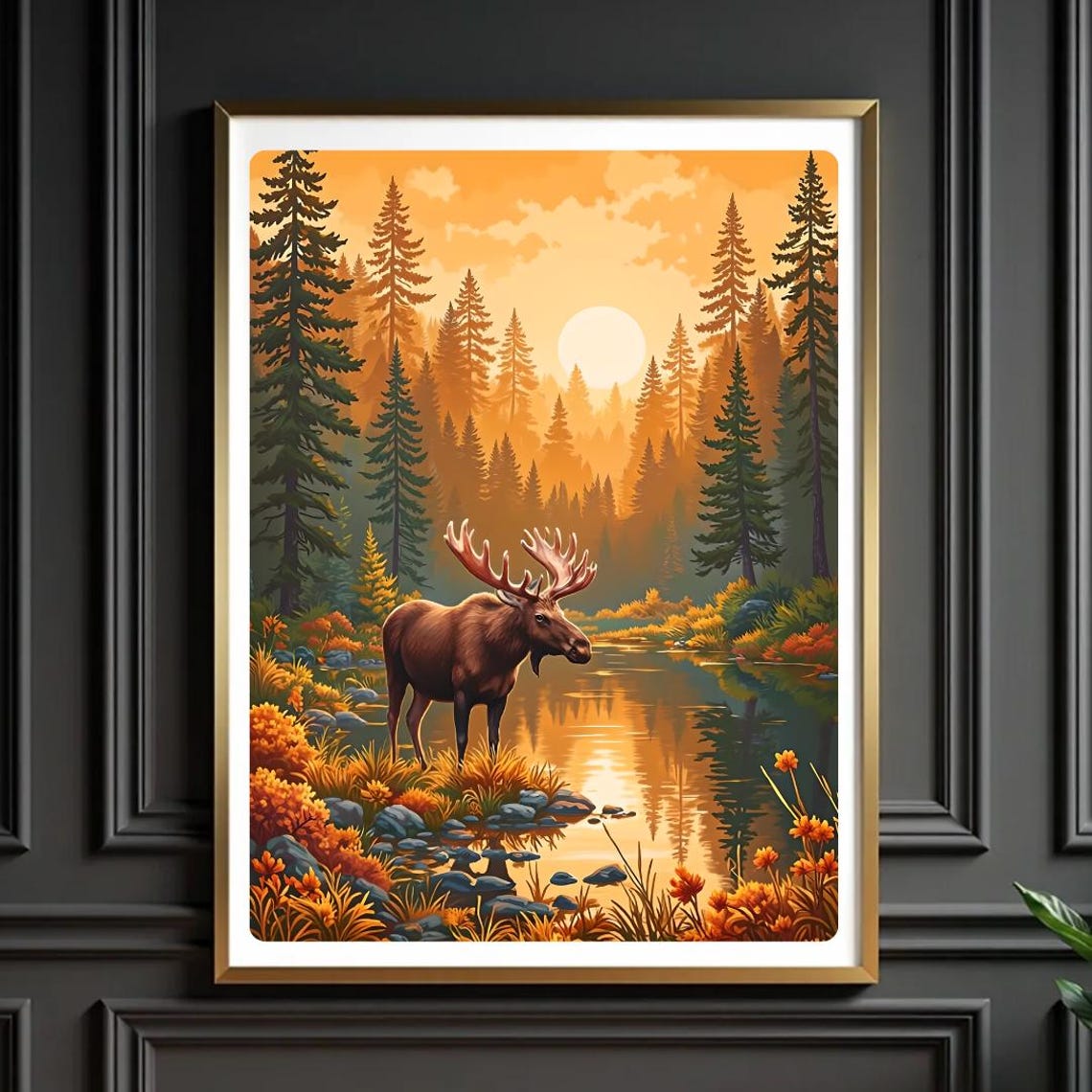 Moose Autumn Forest Print Rustic Cabin Wall Art