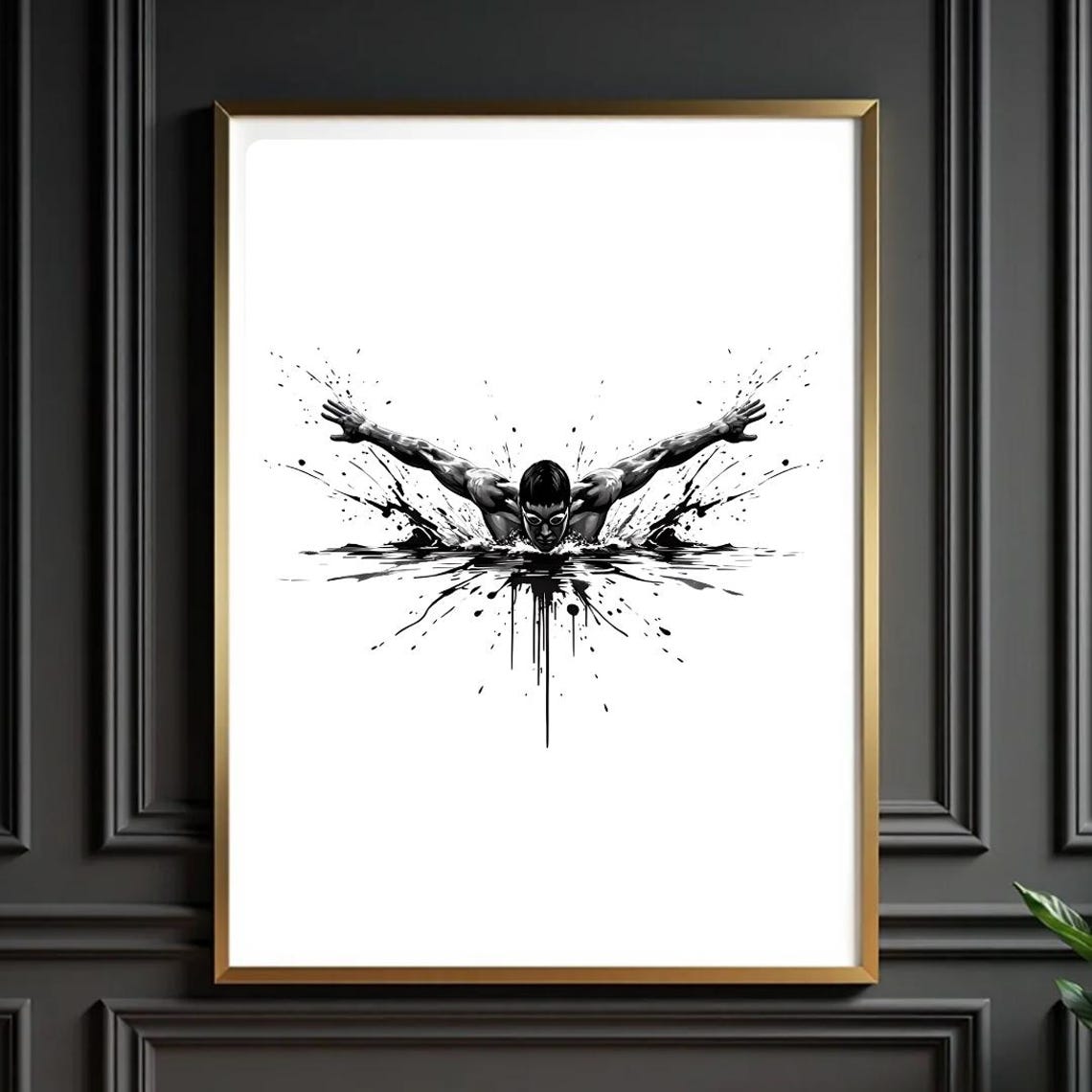Swimmer Butterfly Stroke Black And White Ink Splash Sports Poster