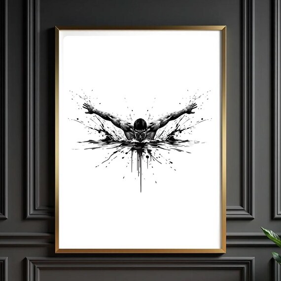 Swimmer Butterfly Stroke Black And White Ink Splash Sports Poster