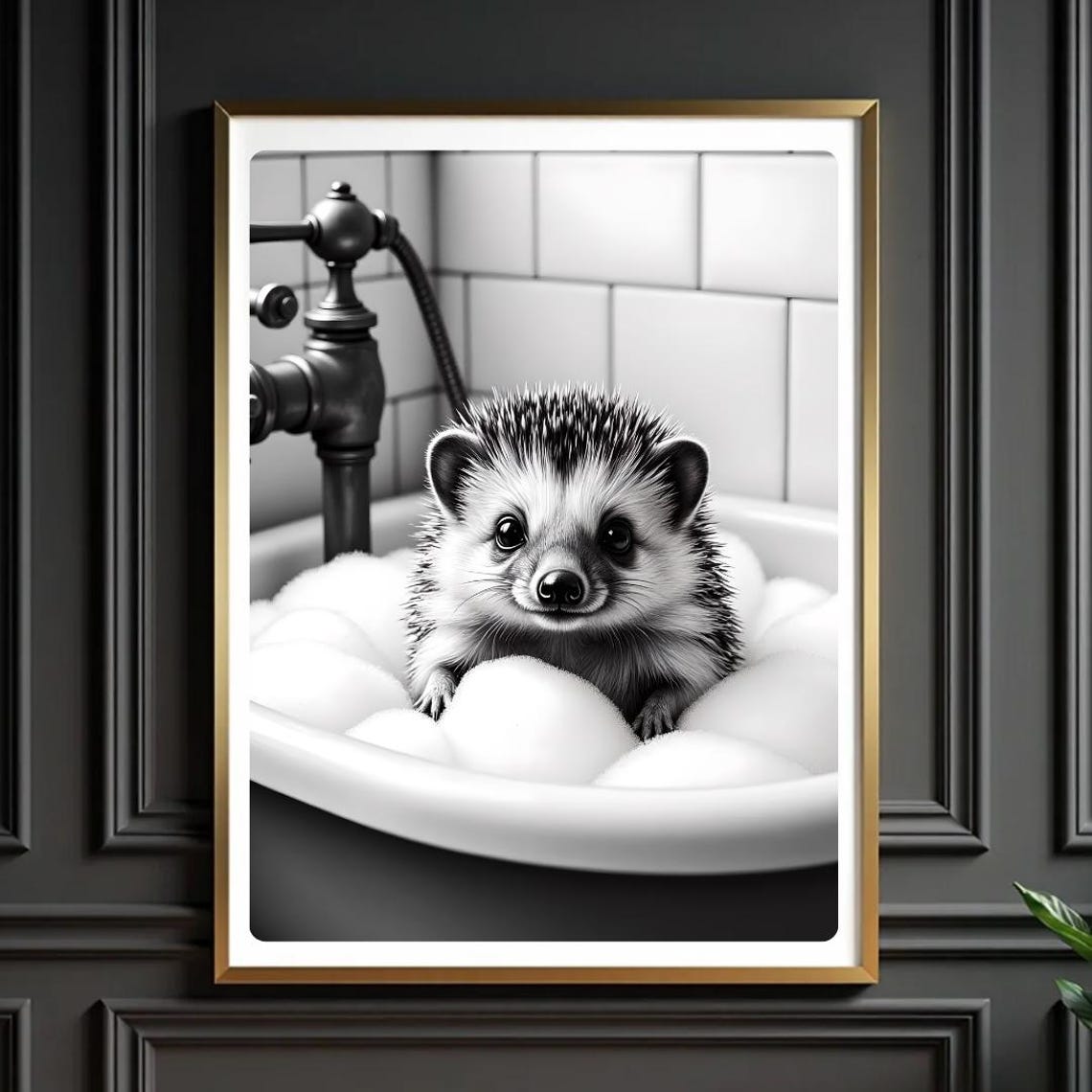 Hedgehog Bubble Bath Print Funny Farmhouse Bathroom Art