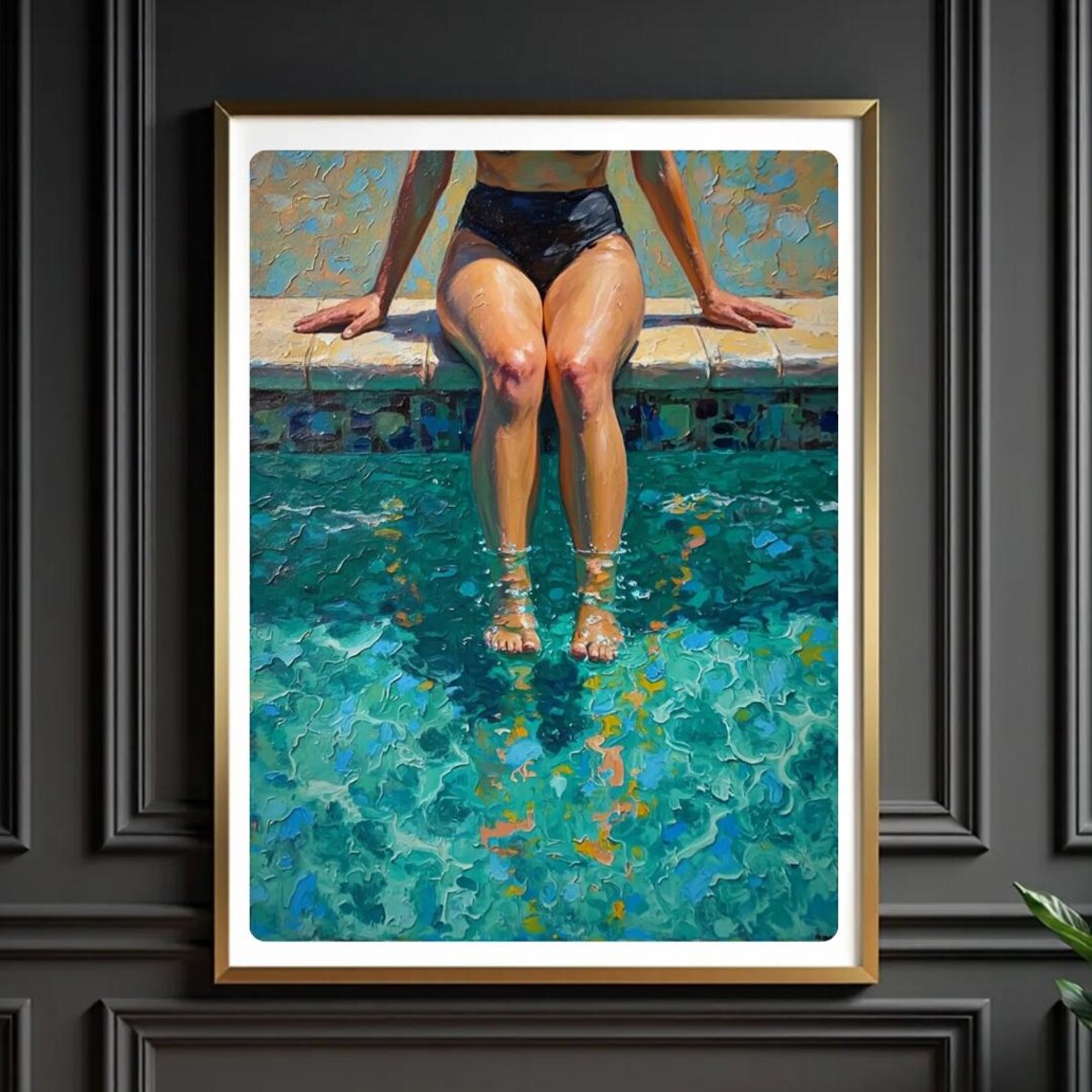 Poolside Woman Impressionist Summer Turquoise Water Art Poster