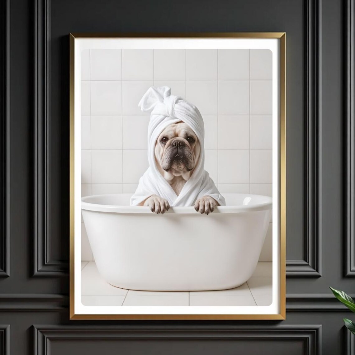Funny French Bulldog Bubble Bath Poster with Towel Spa Dog Photo Art
