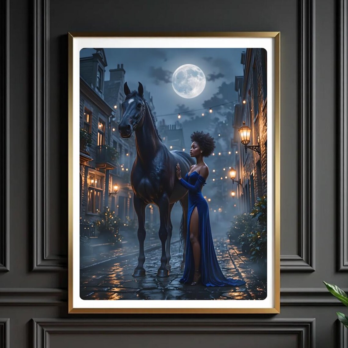 Black Horse And Woman In Blue Gown Moonlit Cobblestone Street Poster