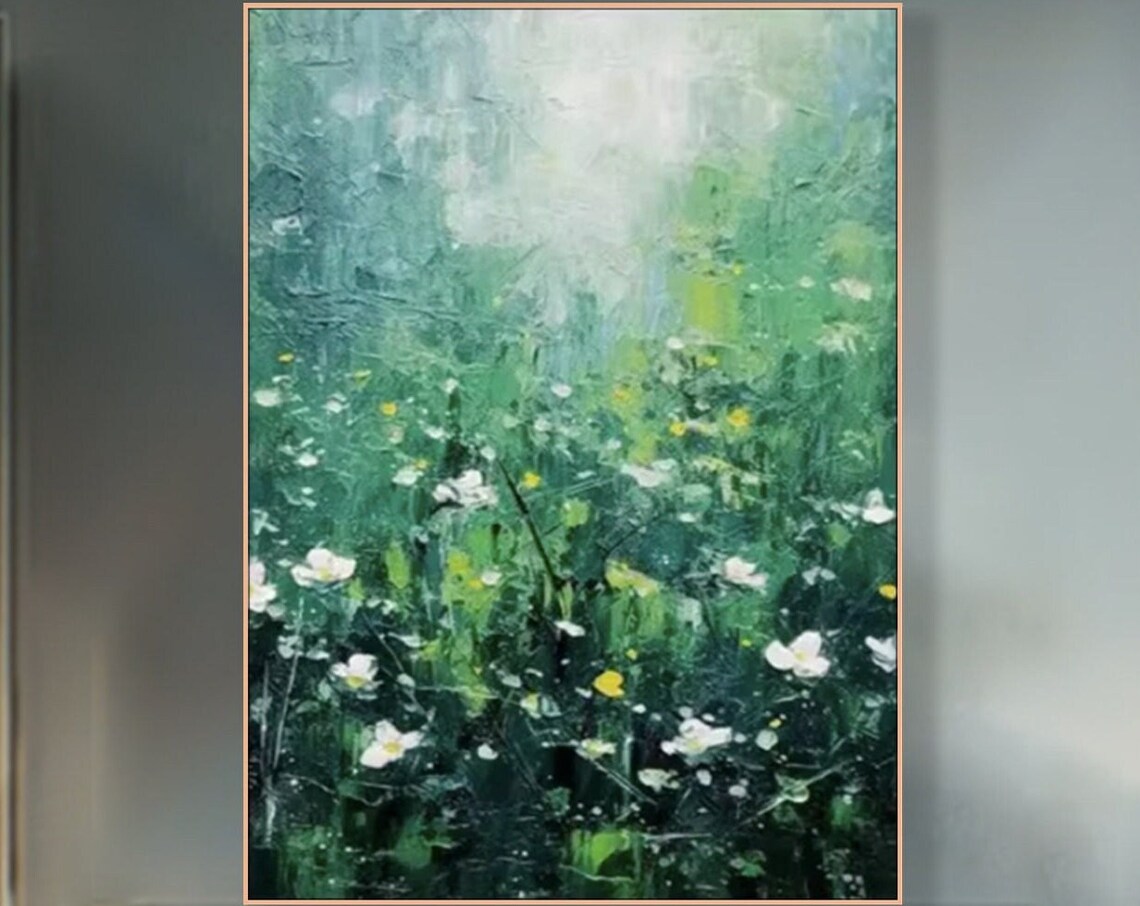 Spring Meadow Misty Green Oil Painting White Wildflowers Impressionist Art Poster