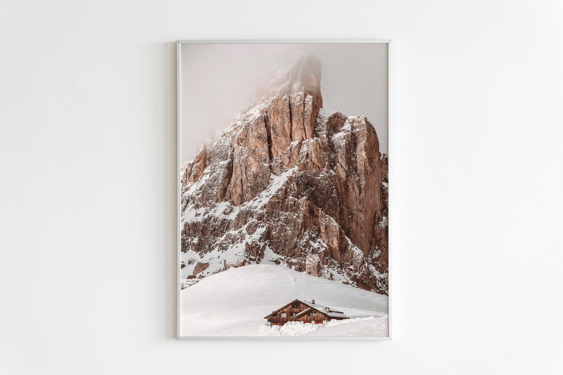 Snowy Mountain Peak With Wooden Chalet Cabin Winter Wall Art - Image 2