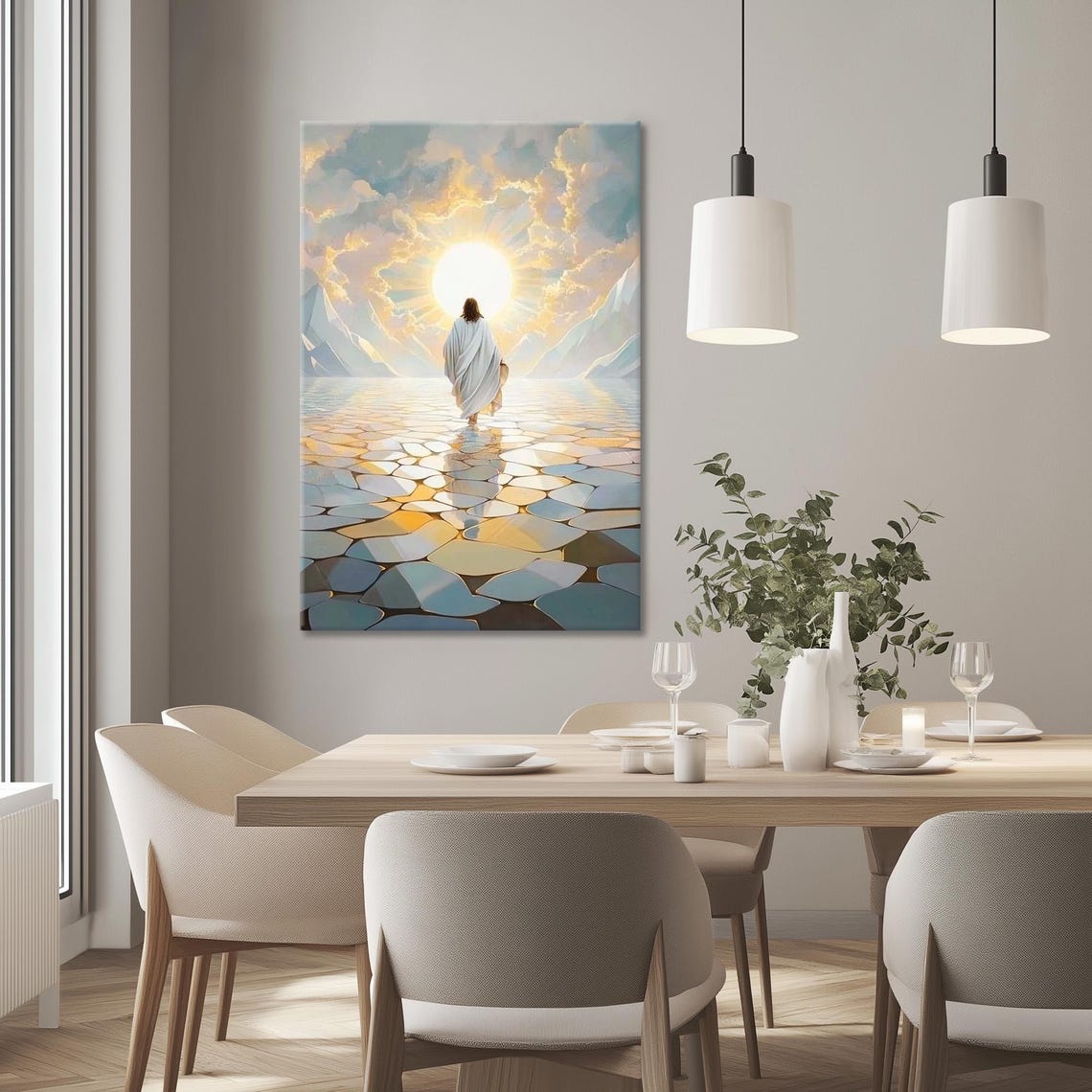 Jesus Walking On Water Into Radiant Golden Sunrise Clouds Poster - Image 3