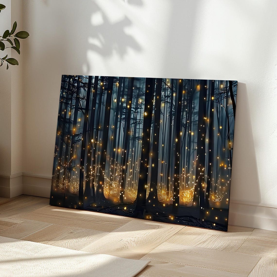 Enchanted Forest Fireflies At Night Dark Trees Misty Wall Art - Image 5