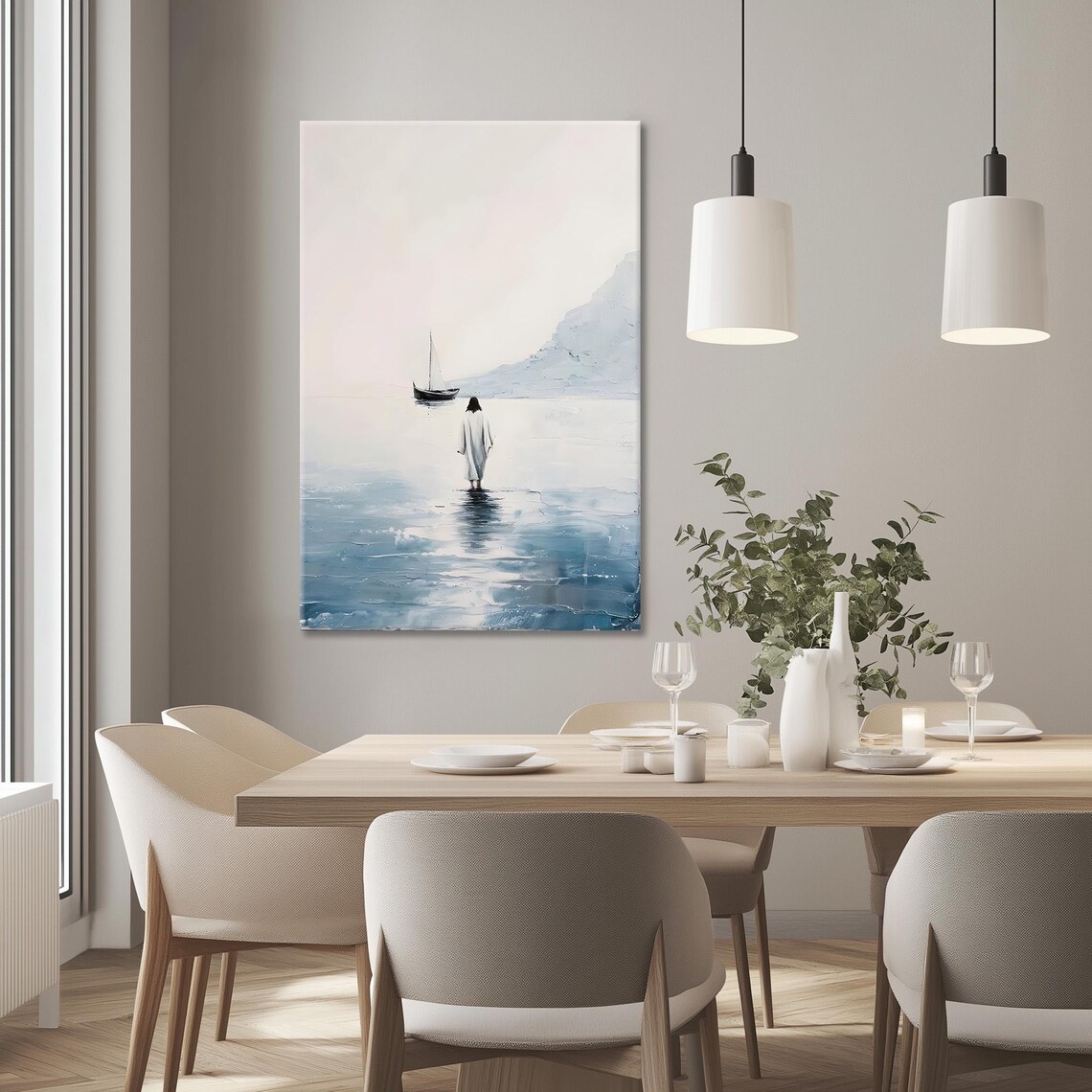 Minimalist Jesus Walking On Water Toward Sailboat Painting Poster - Image 2