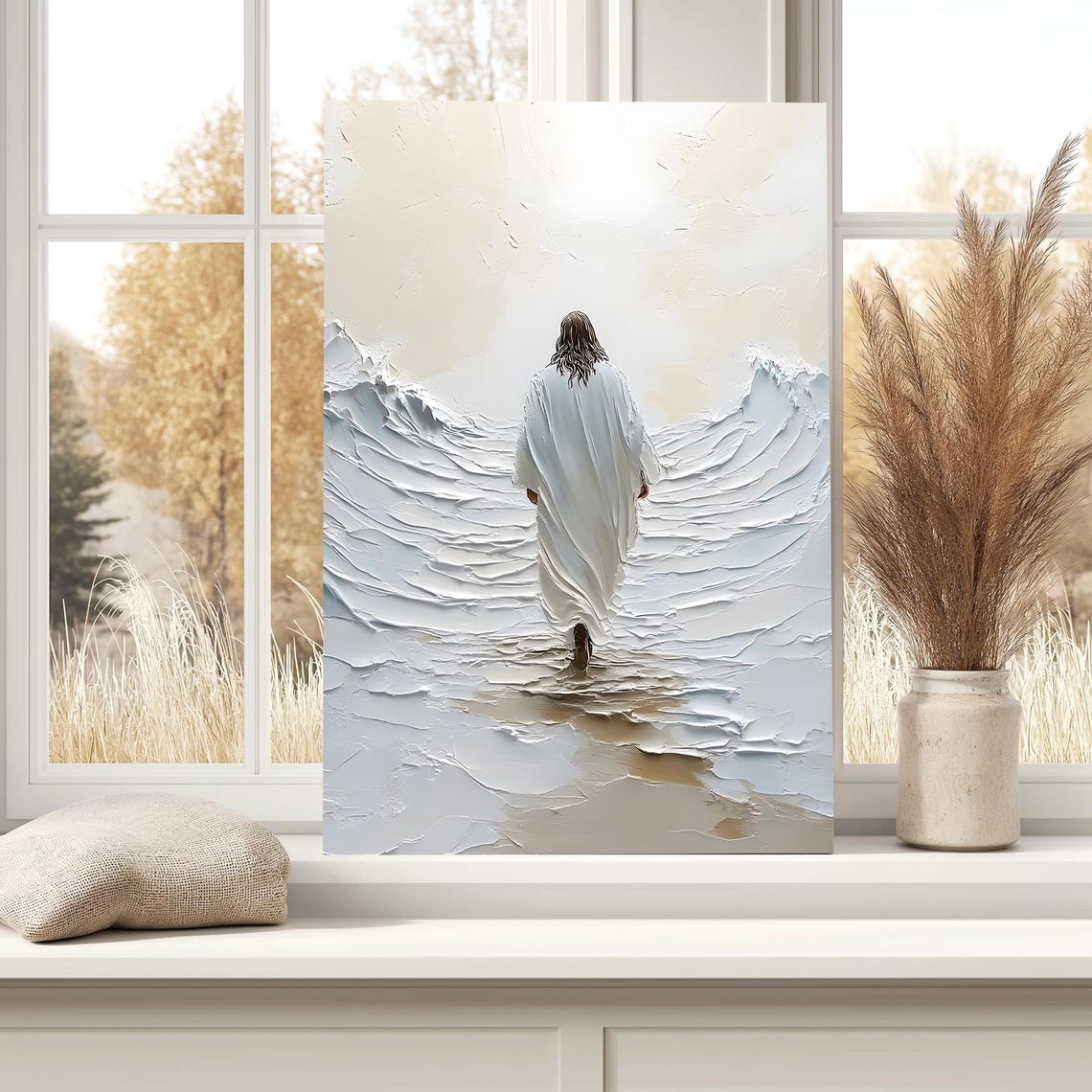 Jesus Walking Away On Water White Impasto Texture Painting Poster - Image 6