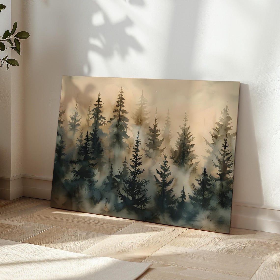 Foggy Pine Forest Watercolor Misty Evergreen Tree Scene Wall Art - Image 2