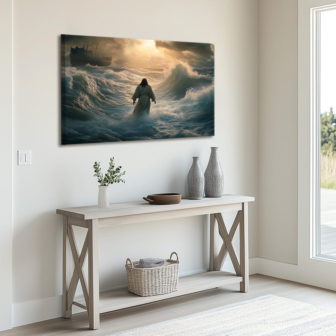 Jesus Parting The Red Sea Waves With Ship Golden Light Poster - Image 5