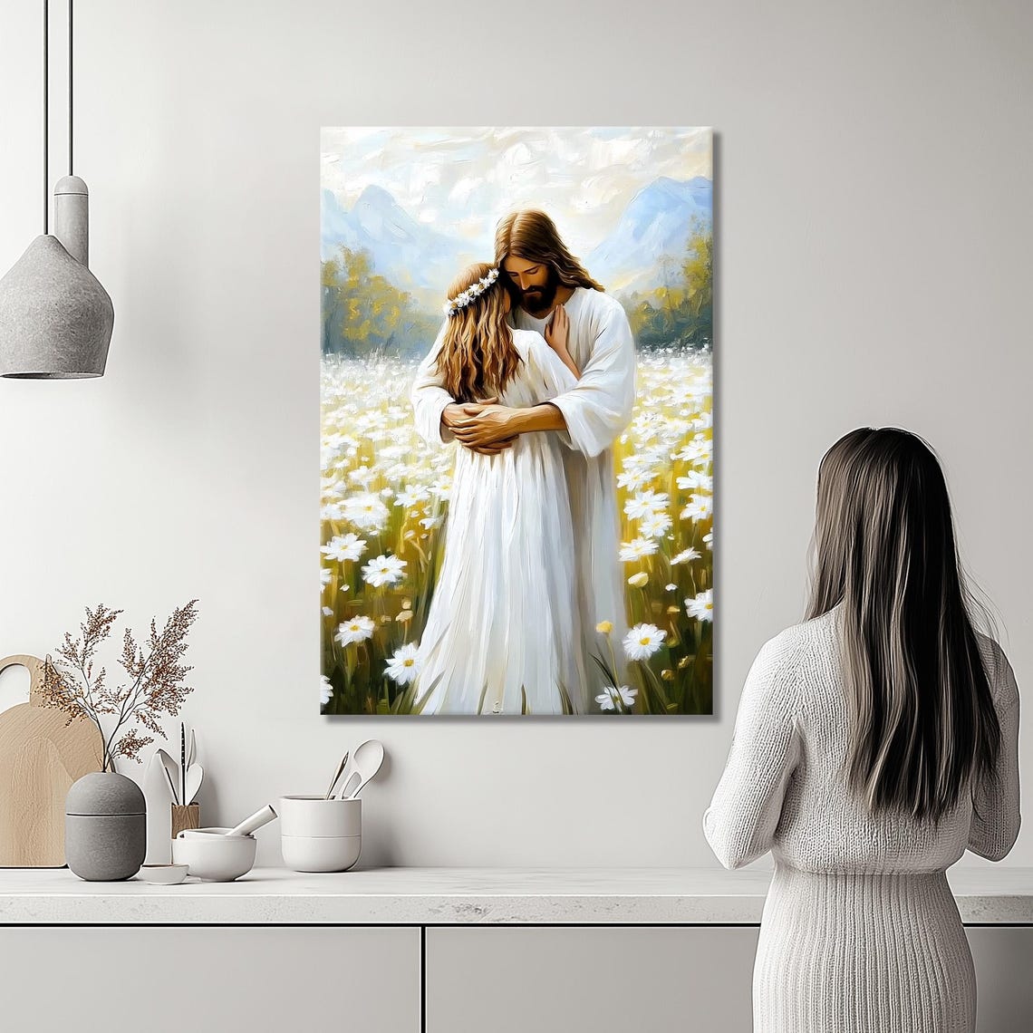 Woman Healed Wall Art Jesus Hugging Woman Print Hem Of Robe Artwork Modern Christian Art Jesus Art Bible Story Art Print - Image 2