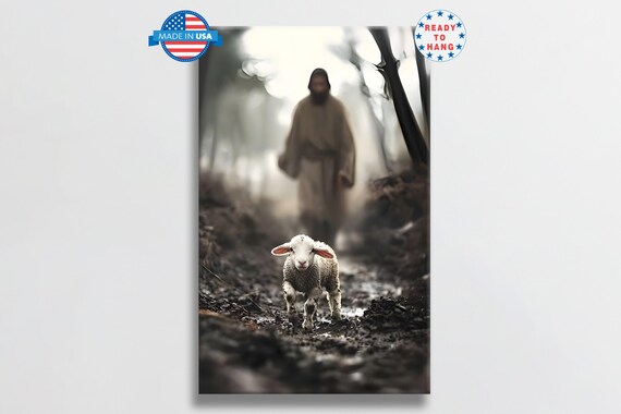 Lost Lamb On Dark Muddy Path With Shepherd Emerging Behind Poster